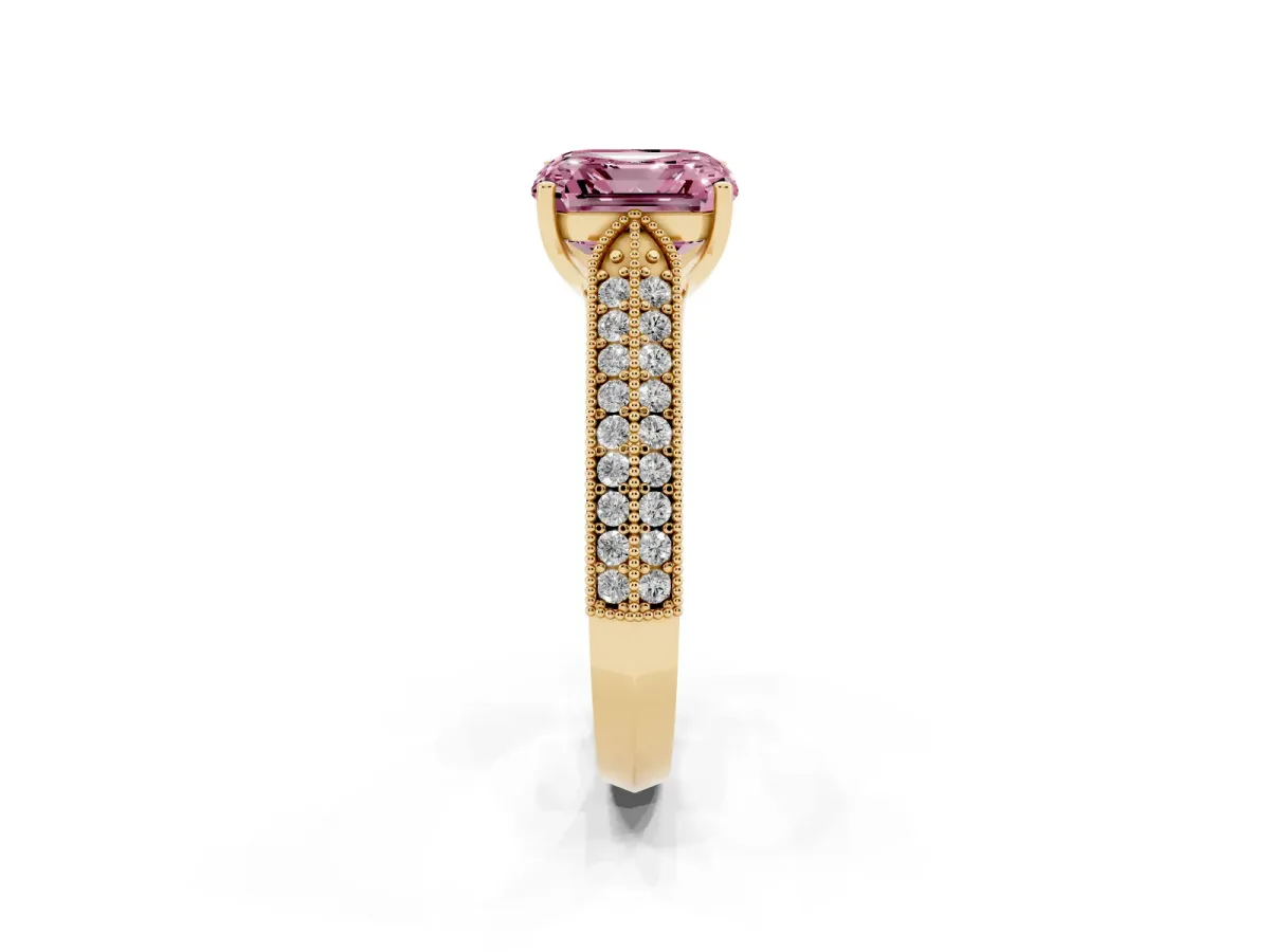 Fancy Pink Asscher Cut Cut Pave Split Shank Engagement Ring with Four-Prong Setting Yellow gold