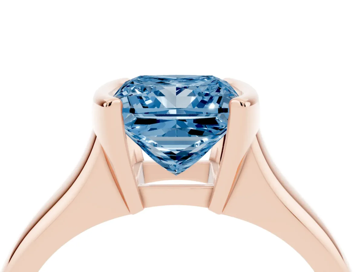 Fancy Blue Princess Cut Solitaire Tension Set Diamond Ring with Split Shank Band Rose gold