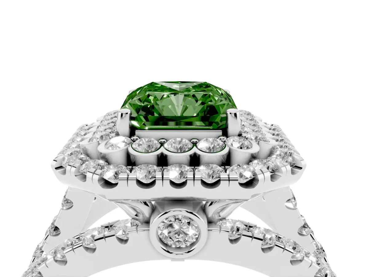 Fancy Green Radiant Cut Diamond Double Halo Ring with Round Pavé Split Shank and Prong Setting Silver