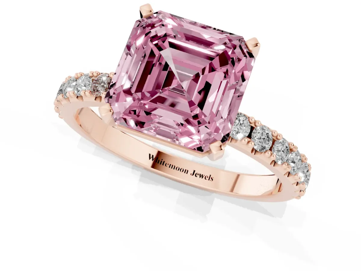 Fancy Pink Asscher Cut Diamond Solitaire Pavé Band with Four-Prong Setting Rose gold