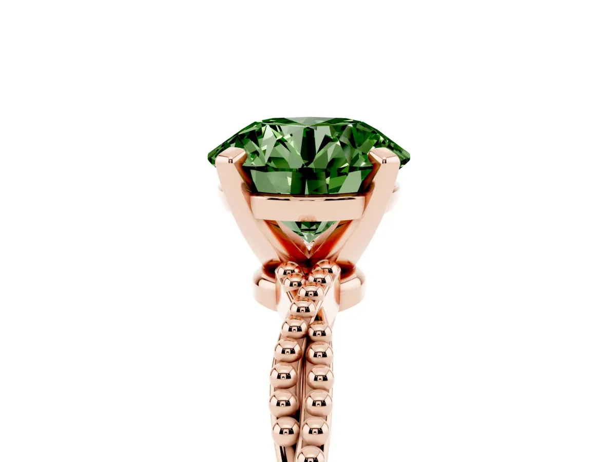 Fancy Green Round Cut Solitaire Twisted Band with Bead Prong Setting Rose gold