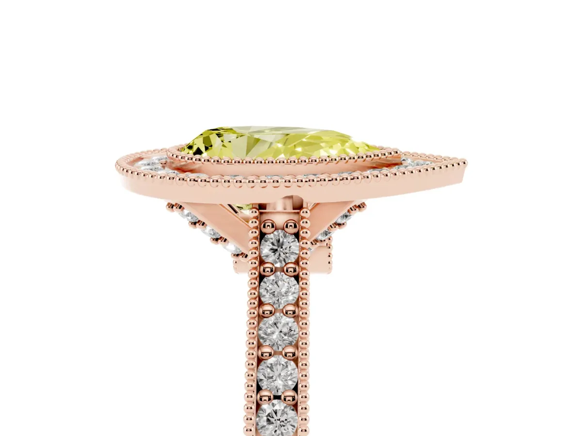 Fancy Yellow Halo Pear Cut-Cut Diamond Pave Band Milgrain Prong Setting Ring Rose gold