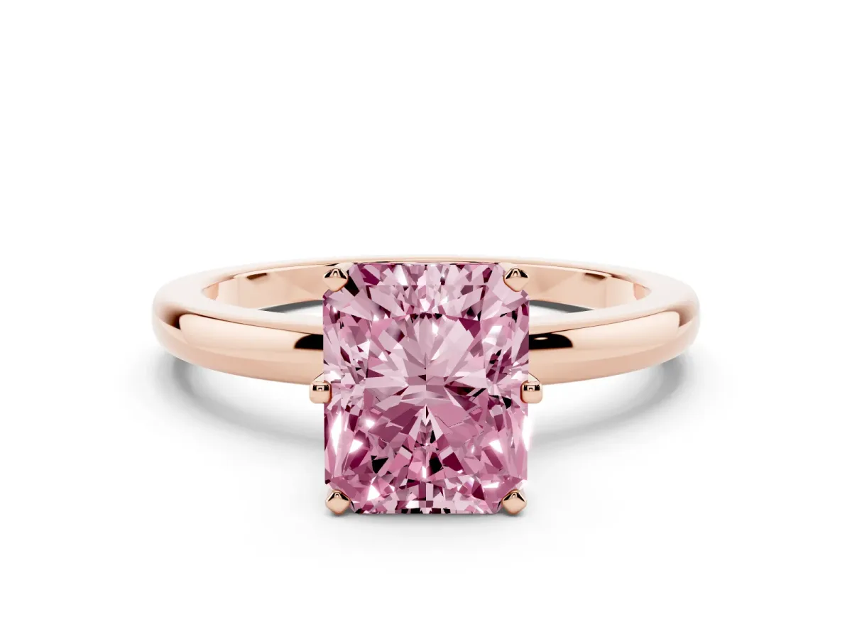 Fancy Pink Radiant Cut Solitaire Diamond Ring with Six-Prong Setting on a Classic Band Rose gold