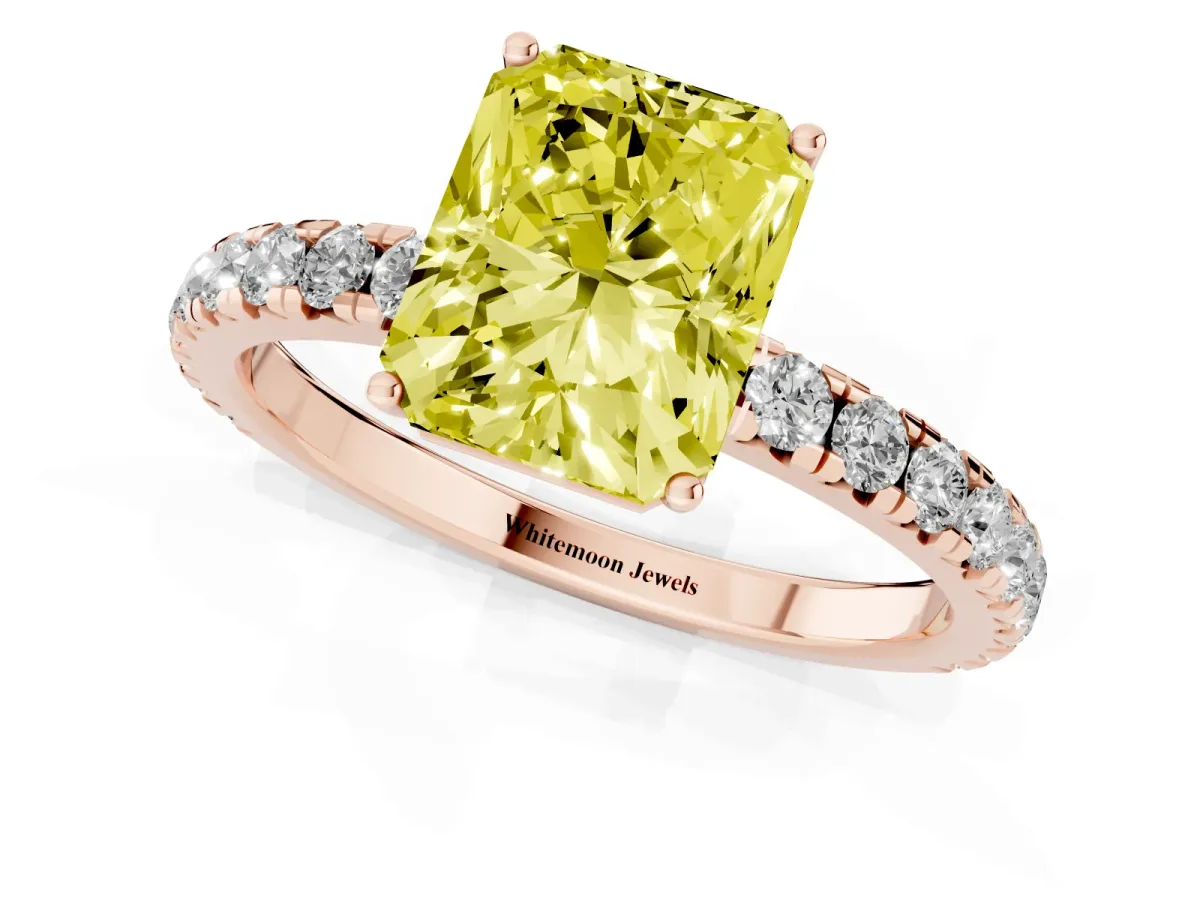 Fancy Yellow Radiant Cut Diamond Pavé Solitaire Engagement Ring with Four-Prong Setting Rose gold