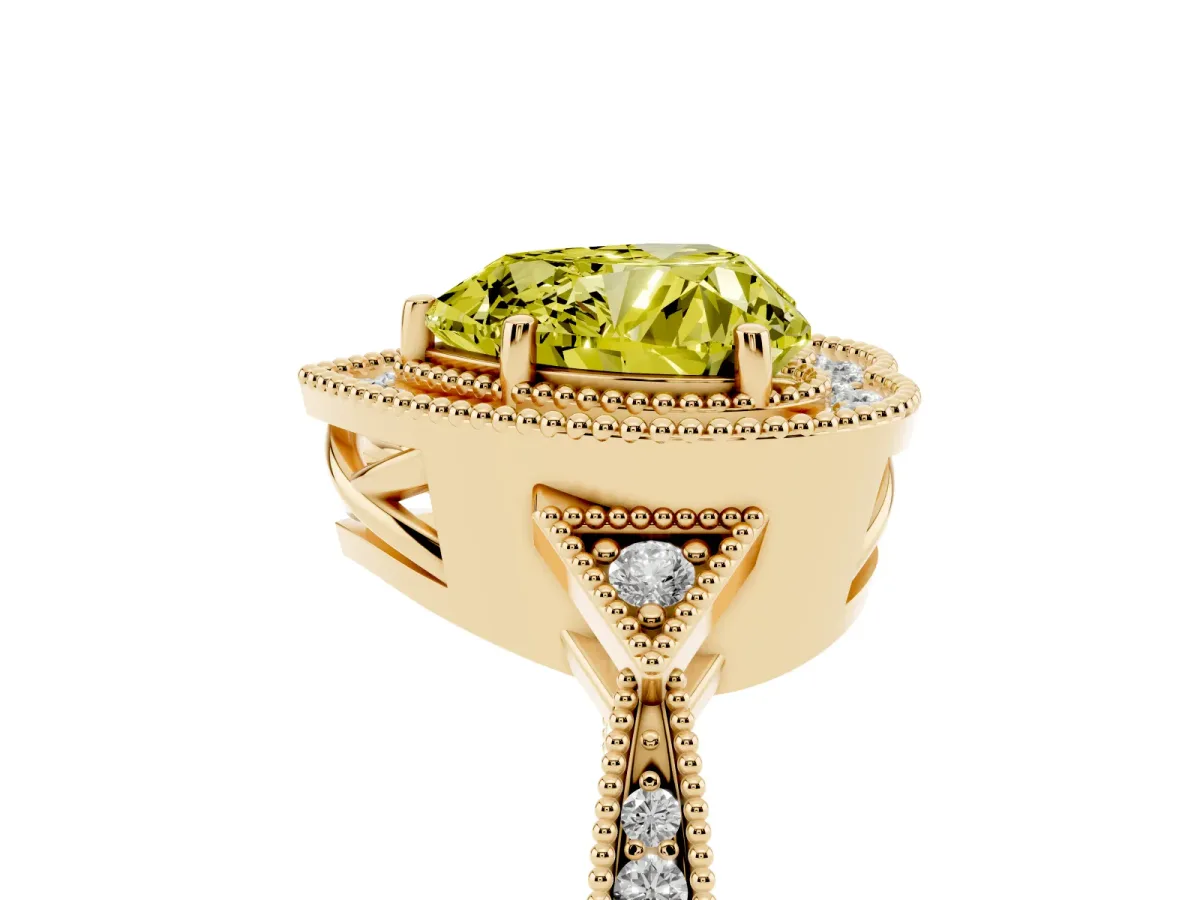 Fancy Yellow Heart Cut Halo Round Diamond Milgrain Pave Engagement Ring Yellow gold