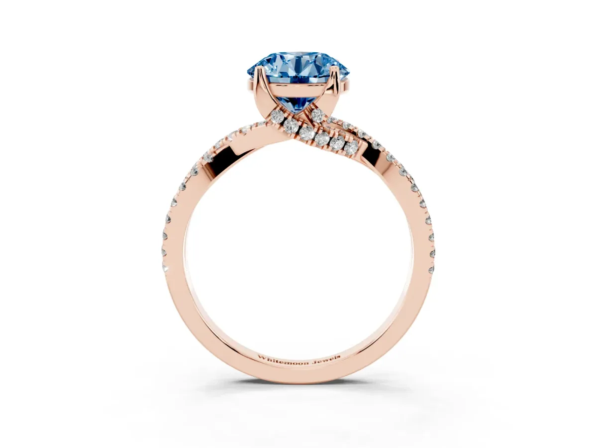 Fancy Blue Round Cut Solitaire Twist Pave Diamond Engagement Ring with Prong Setting Rose gold