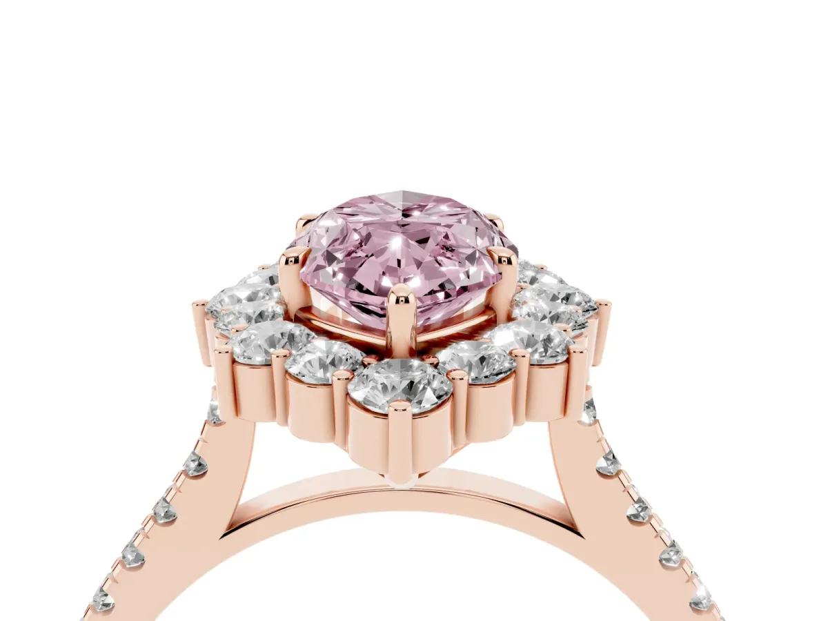 Fancy Pink Marquise Cut Halo Diamond Ring with Pavé Band and Prong Setting Rose gold