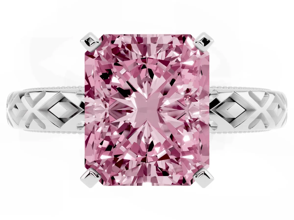 Fancy Pink Radiant Cut Solitaire Diamond Ring with Milgrain and Black Enamel X Pattern Band Silver