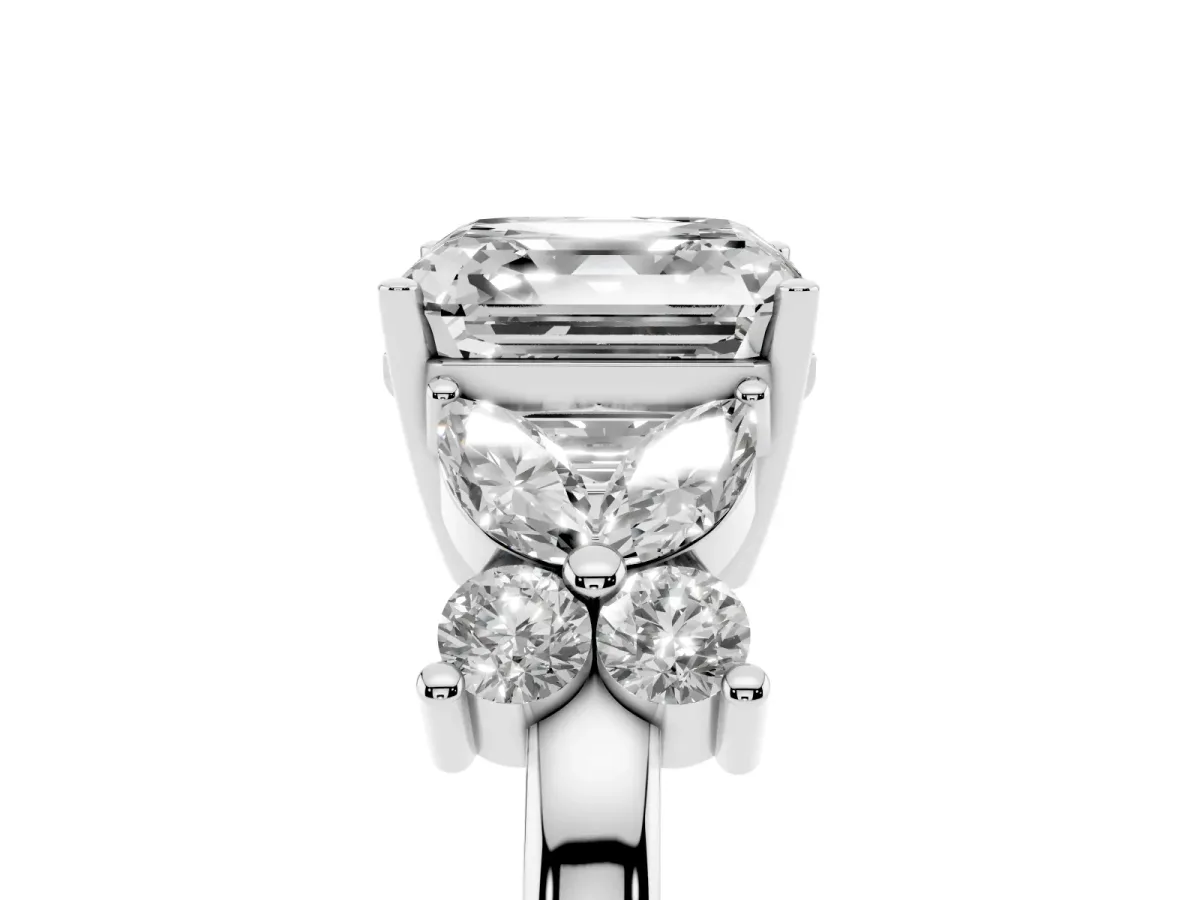 Asscher Cut Diamond Floral Cluster Ring with Solitaire Band and Prong Setting Silver