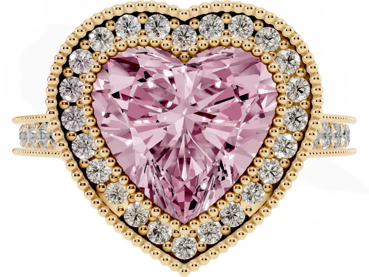 Fancy Pink Halo Heart Cut-Cut Diamond Pave Band Milgrain Prong Setting Ring Yellow gold