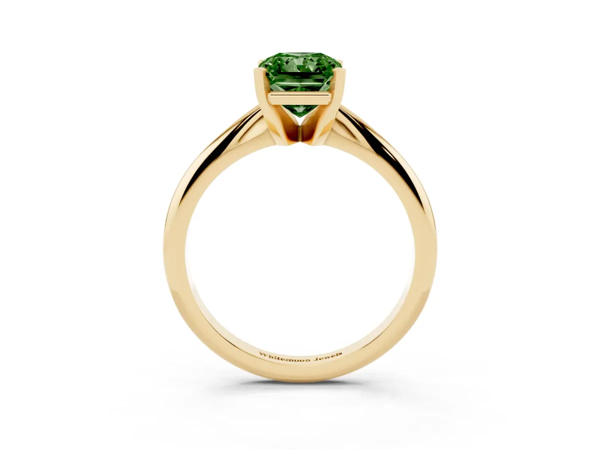 Fancy Green Radiant Cut Cut Solitaire Ring with Four-Prong Setting on a Classic Band Yellow gold