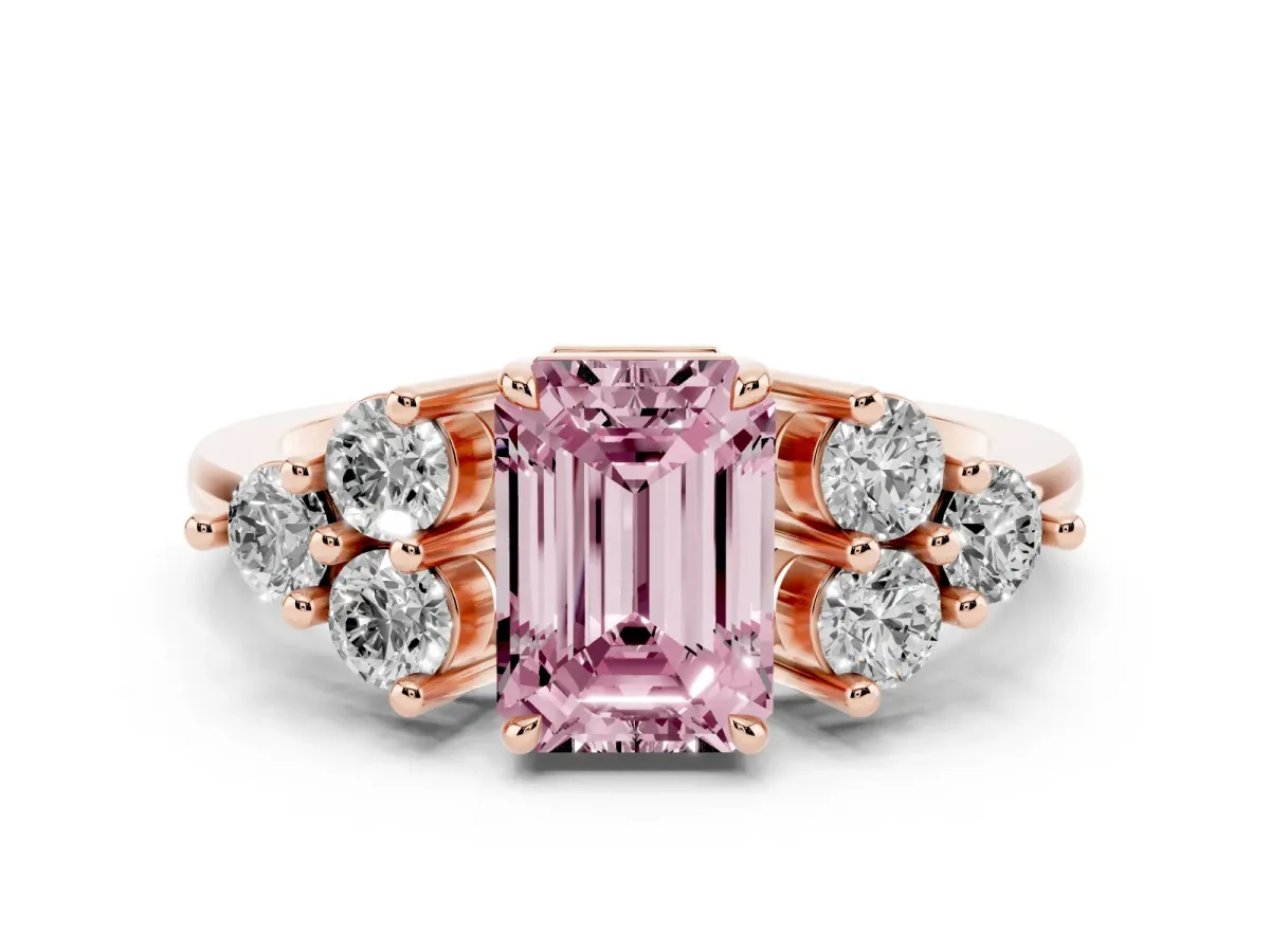 Fancy Pink Emerald Cut Brilliant Diamond Cluster Accent Solitaire Ring with Prong Setting Rose gold