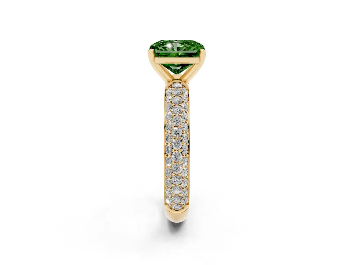 Fancy Green Radiant Cut Diamond Solitaire Ring with Prong Setting and Pavé Band Yellow gold