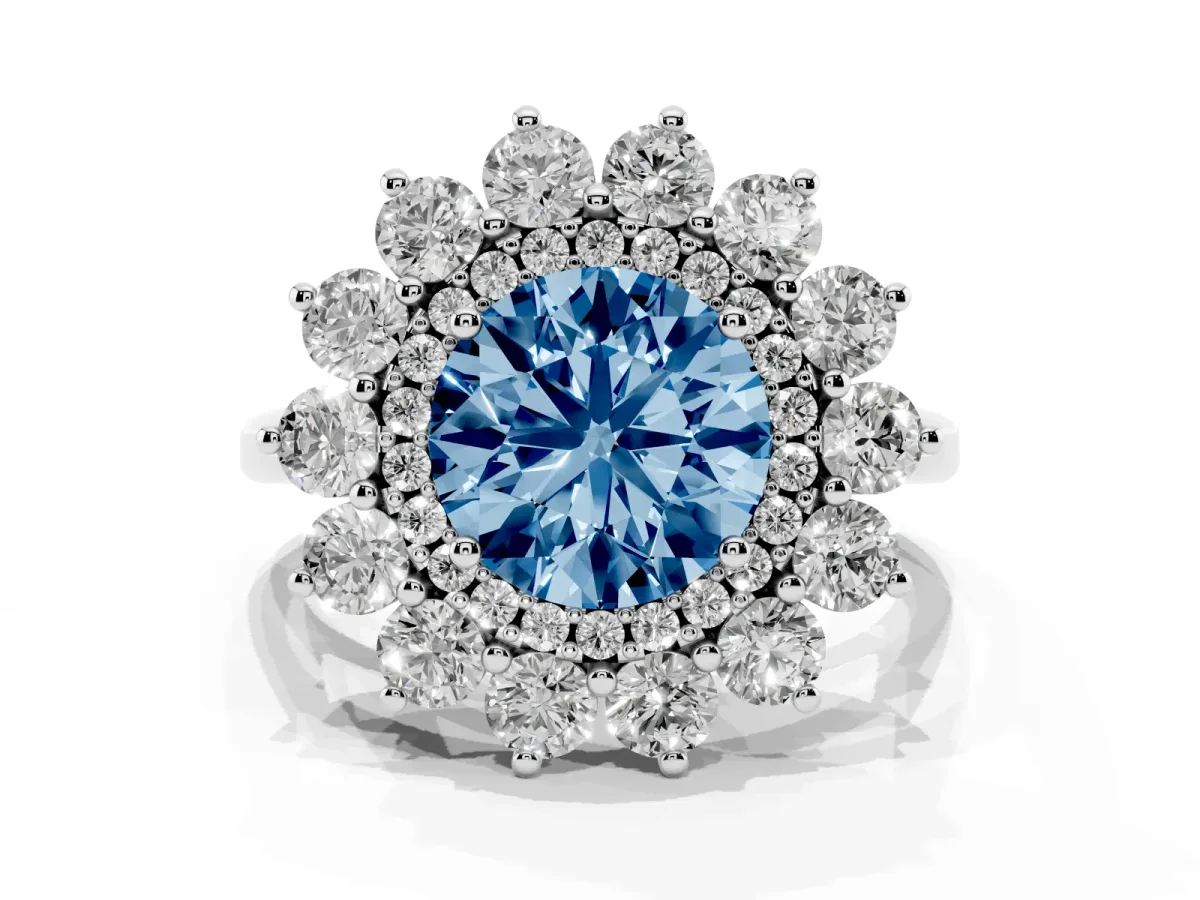Fancy Blue Round Cut Diamond Floral Double Halo Engagement Ring with Prong Setting Silver