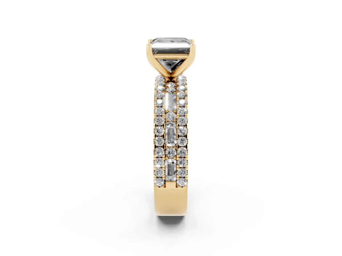 Fancy Black Princess Cut Diamond Solitaire Ring with Pavé and Channel Set Band Yellow gold