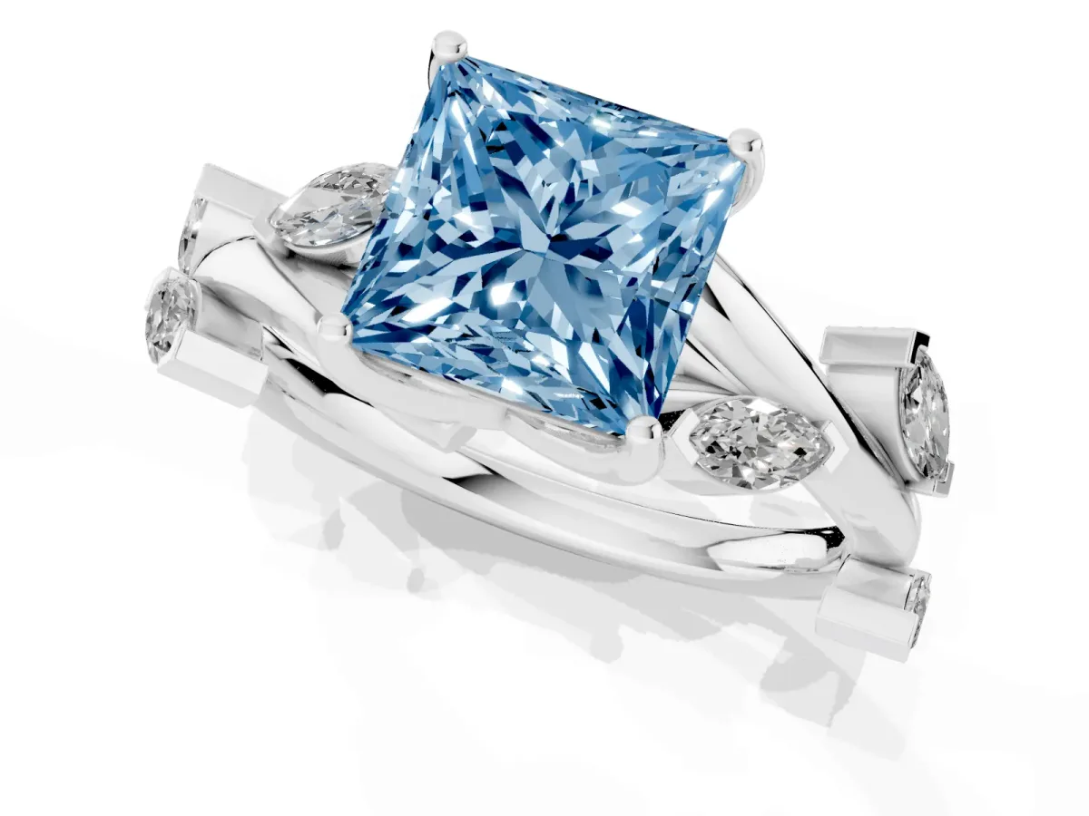 Fancy Blue Princess Cut Solitaire Twisted Band Marquise Accent Prong Setting Ring Silver