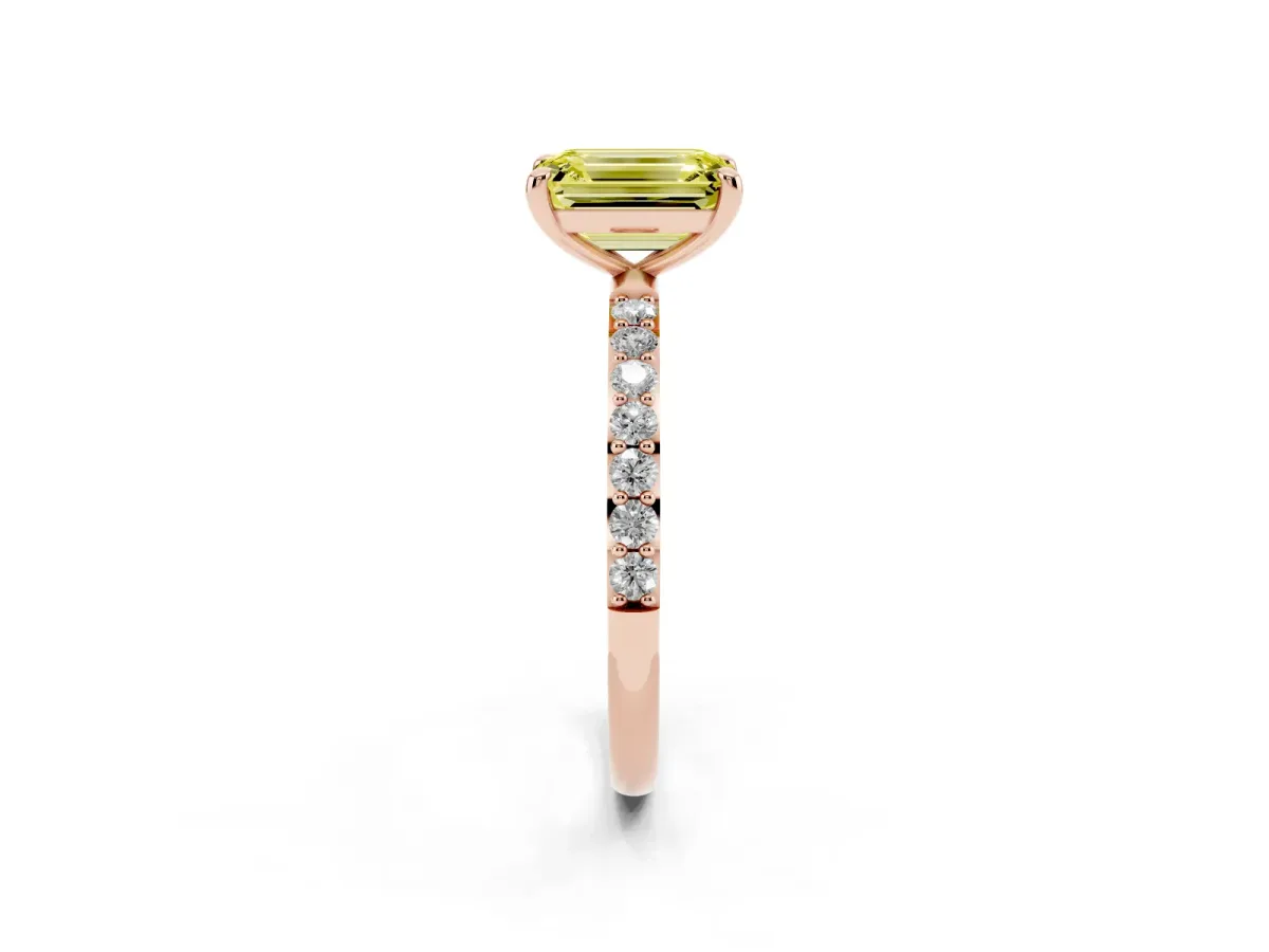 Fancy Yellow Emerald Cut Diamond Solitaire Ring with Round Pavé Band and Prong Setting Rose gold