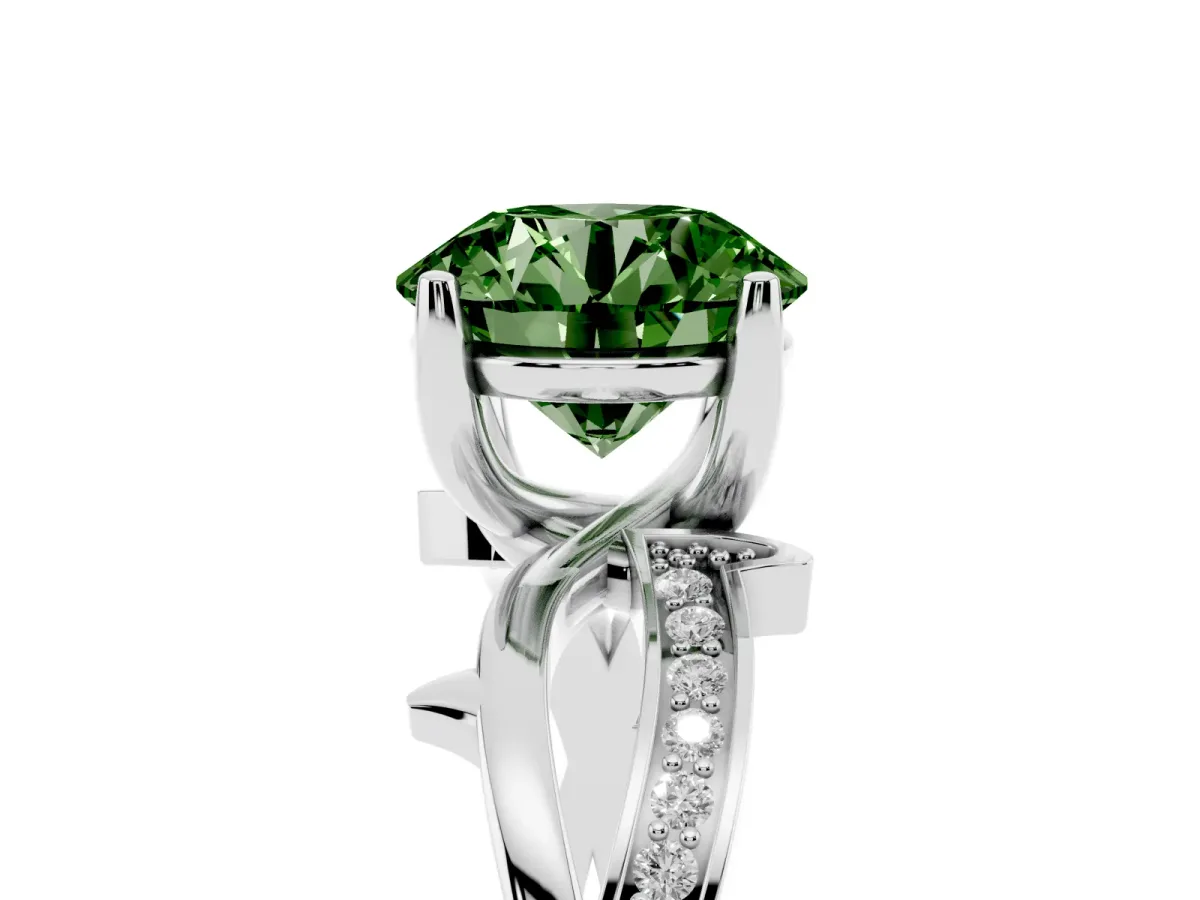 Fancy Green Round Cut Solitaire Twist Band with Pavé Accents and Four-Prong Setting White gold