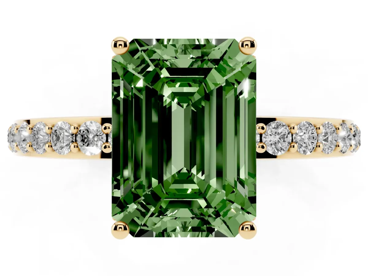 Fancy Green Emerald Cut Diamond Solitaire Ring with Pavé Band and Hidden Halo Yellow gold