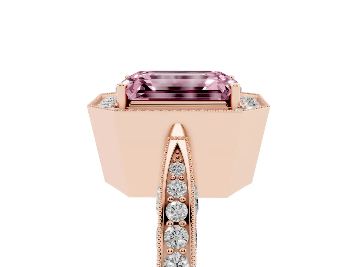 Fancy Pink Emerald Cut Halo Diamond Engagement Ring with Split Shank Band and Four-Prong Setting Rose gold