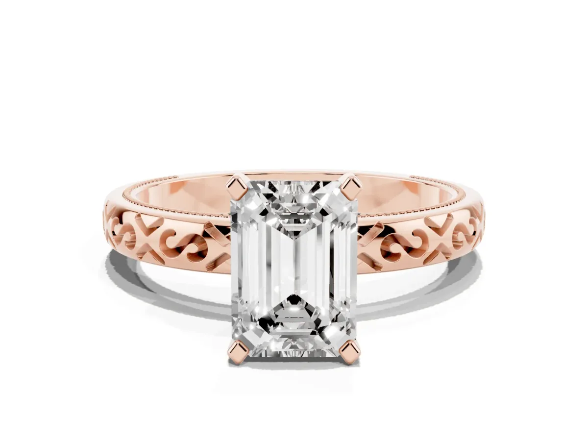 Emerald Cut Solitaire Engagement Ring with Scrollwork Band and Four-Prong Setting Rose gold
