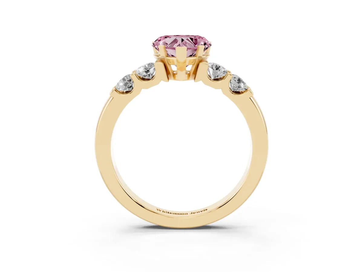 Fancy Pink Heart Cut Brilliant Cut Diamond Five-Stone Prong Set Engagement Ring with Channel Band Yellow gold