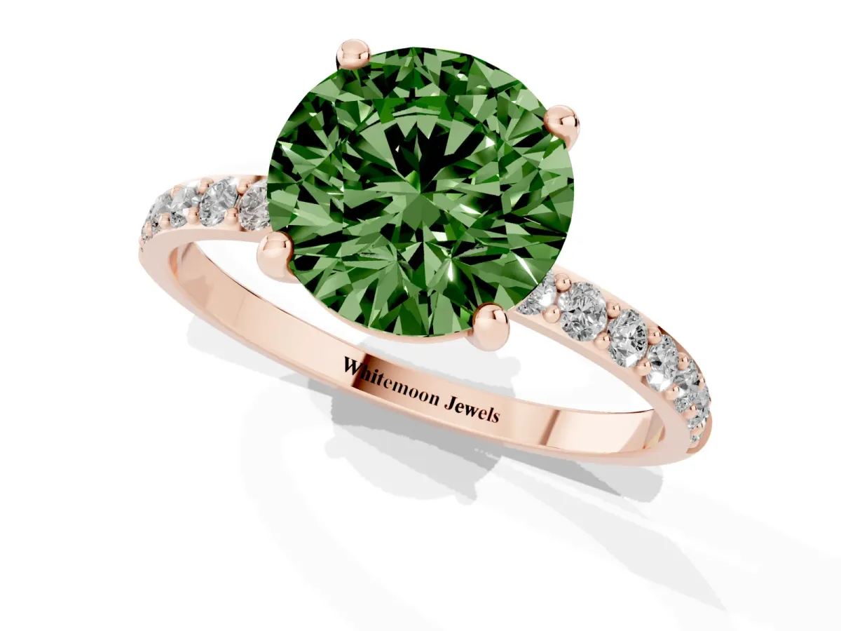 Fancy Green Round Cut Diamond Solitaire Ring with Round Pavé Band and Prong Setting Rose gold