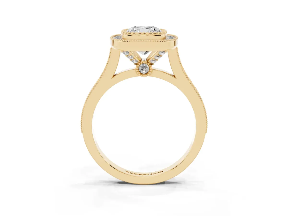 Cushion Cut Diamond Halo Ring with Milgrain Frame and Pavé Band Yellow gold