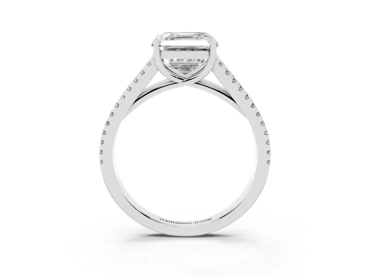 Asscher Cut Diamond Solitaire Engagement Ring with Split Shank Pavé Band Platinum