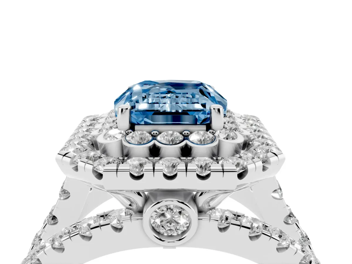 Fancy Blue Emerald Cut Diamond Double Halo Ring with Round Pavé Split Shank and Prong Setting Silver