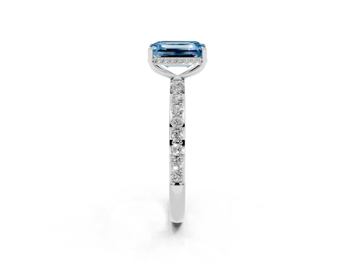 Fancy Blue Emerald Cut Diamond Solitaire Ring with Pavé Band and Hidden Halo White gold