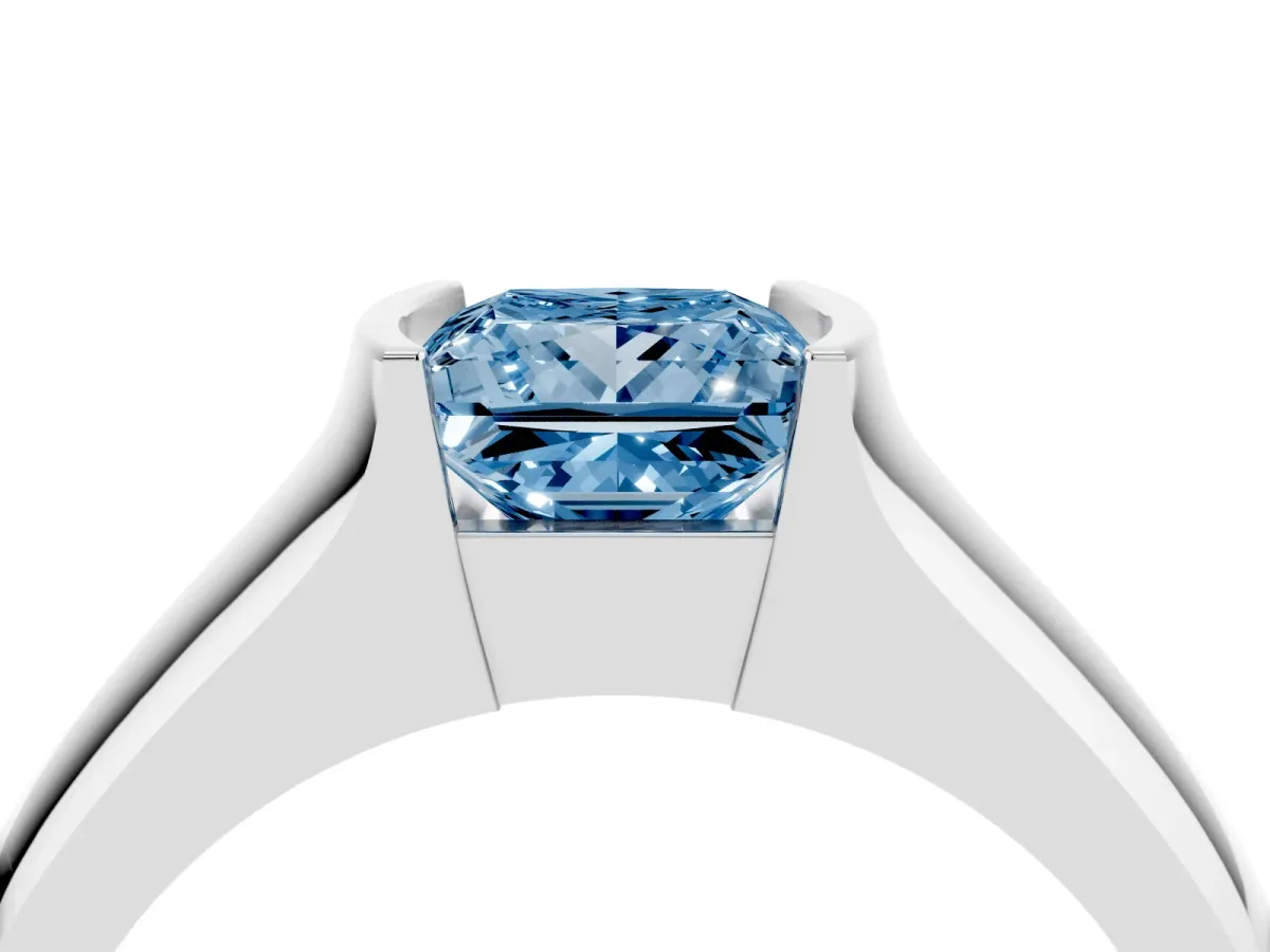 Fancy Blue Princess Cut Solitaire Bezel Set Diamond Ring with Wide Band Silver