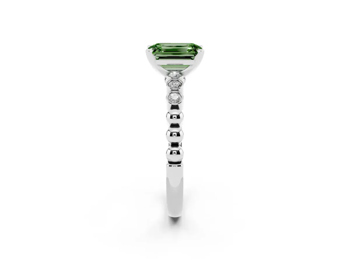 Fancy Green Emerald Cut Solitaire Bezel Accent Diamond Engagement Ring with Beaded Band and Four-Prong Setting Silver