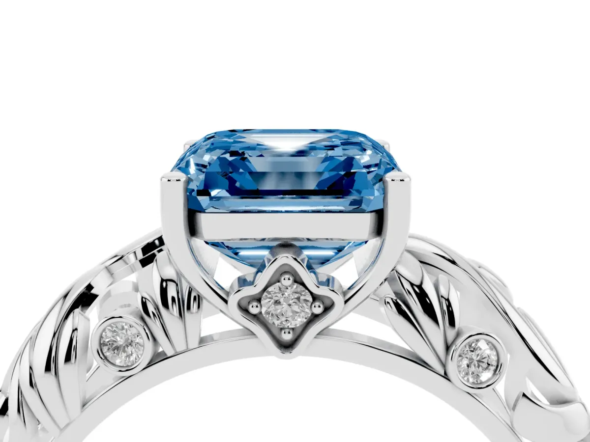 Fancy Blue Asscher Cut Solitaire Diamond Leaf-Inspired Vine Band Ring with Prong Setting Platinum
