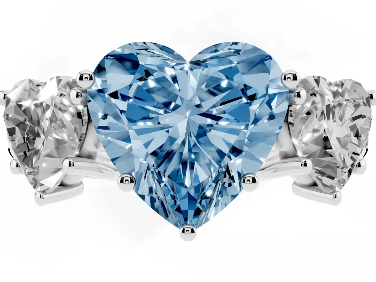Fancy Blue Three-Stone Heart Cut Diamond Pavé Band with Prong Setting Silver