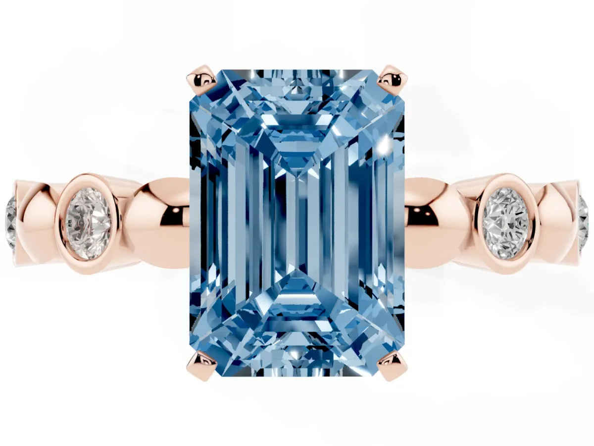 Fancy Blue Emerald Cut Solitaire Bezel-Set Diamond Ring with Beaded Band and Four-Prong Setting Rose gold