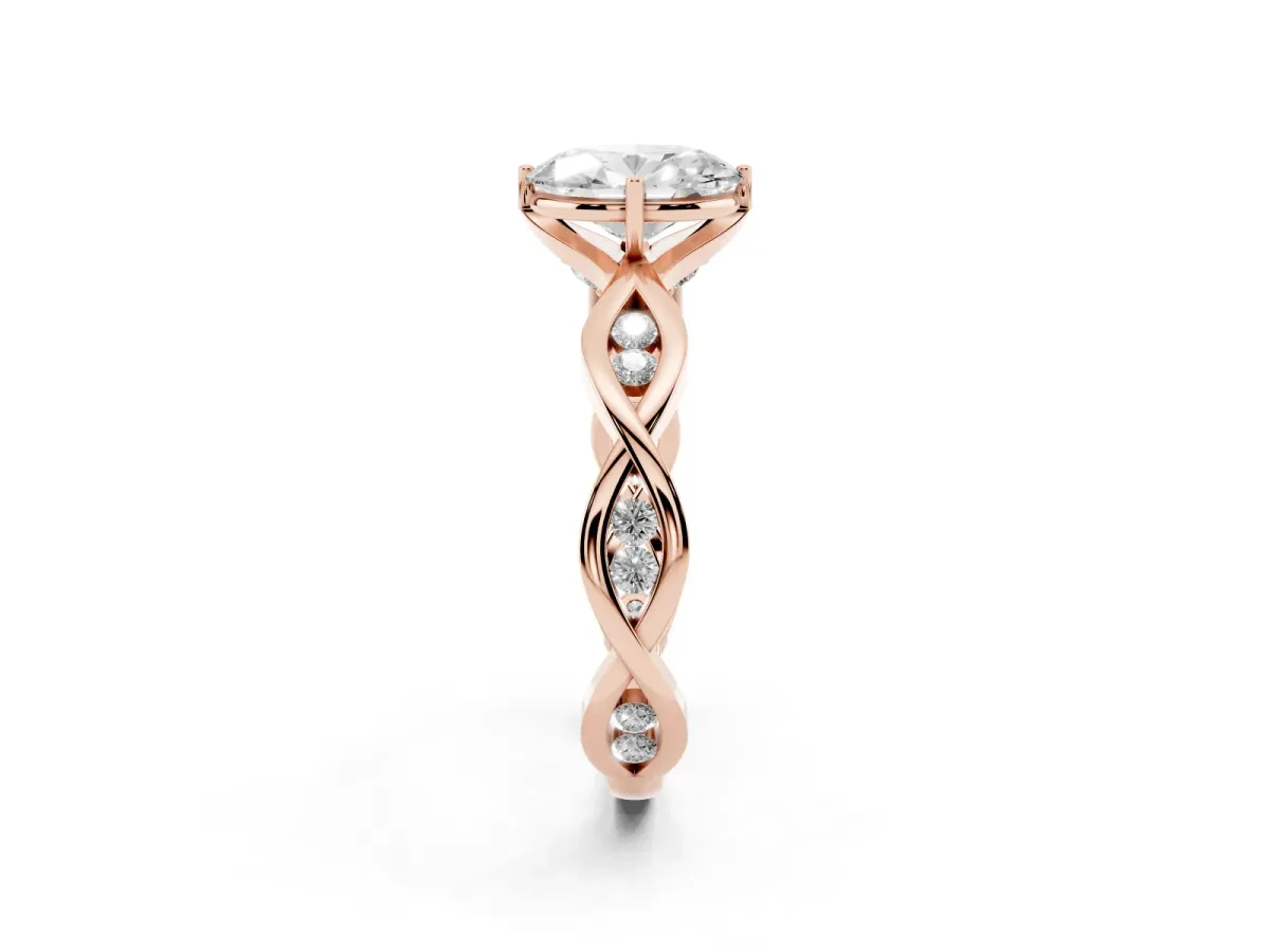 Oval Cut Solitaire Twist Band with Leaf Prong Setting Rose gold