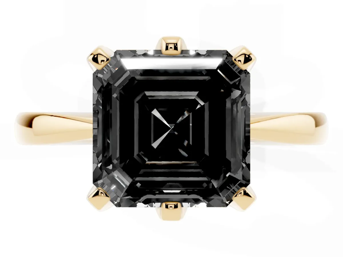 Fancy Black Asscher Cut Solitaire Engagement Ring with Six-Prong Setting and Tapered Band Yellow gold