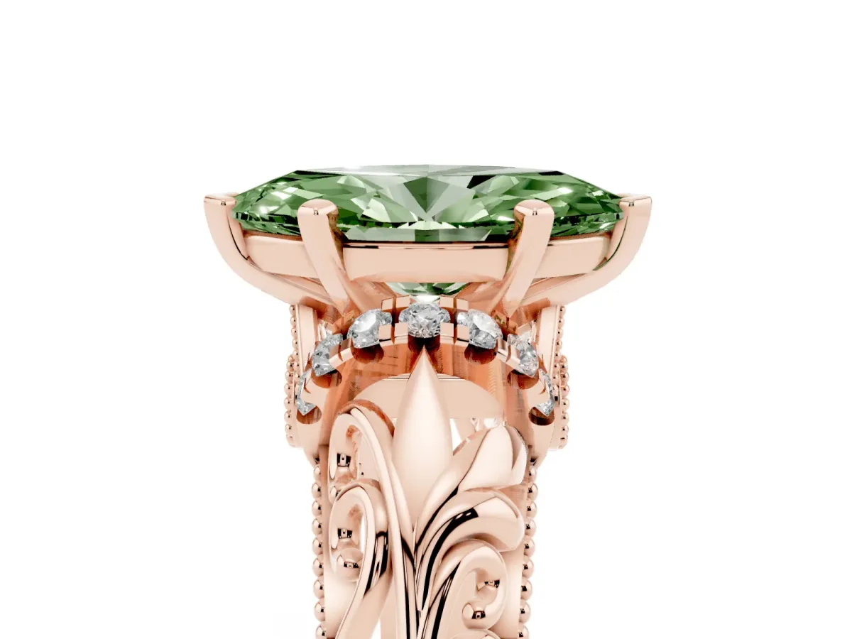 Fancy Green Marquise Cut Solitaire Filigree Engagement Ring with Halo and Prong Setting Rose gold