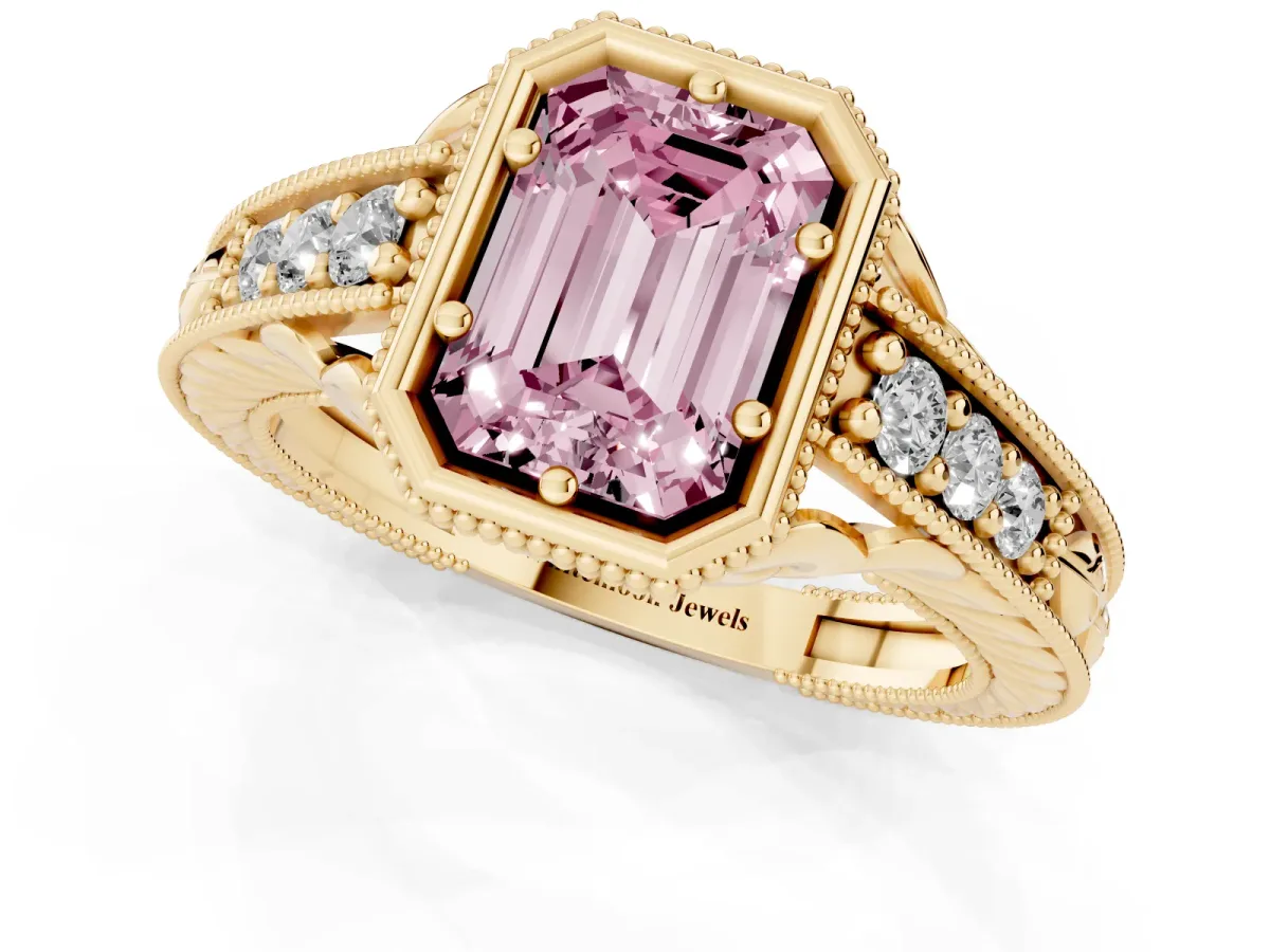 Fancy Pink Bezel Set Emerald Cut Diamond Milgrain Pave Engagement Ring Yellow gold