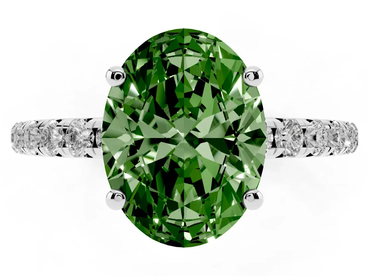 Fancy Green Oval Cut Cut Diamond Solitaire Ring with Micro Pave Band and Four Prong Setting Silver