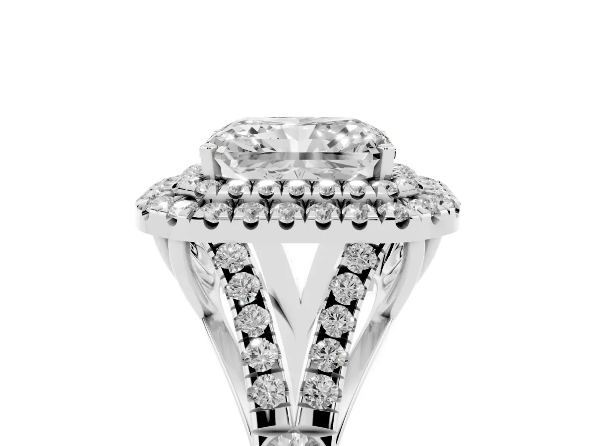Radiant Cut Diamond Pavé Split Shank Double Halo Engagement Ring Silver