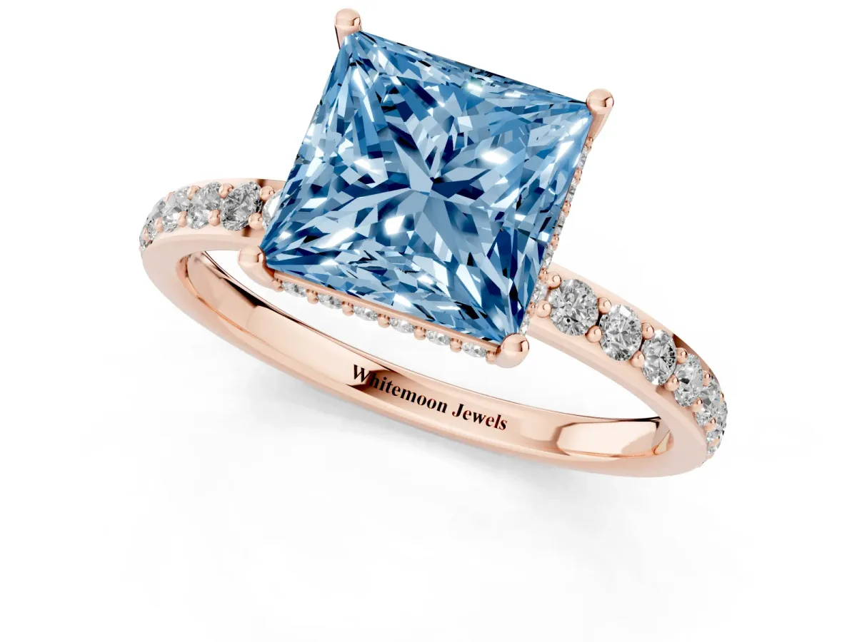 Fancy Blue Princess Cut Diamond Solitaire Ring with Pavé Band and Hidden Halo Rose gold