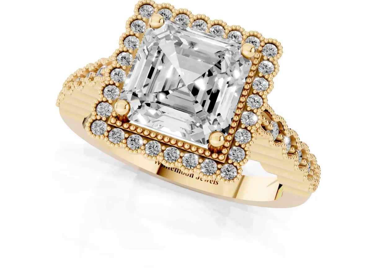 Asscher Cut Cut Halo Pavé Solitaire Ring with Milgrain Band Yellow gold