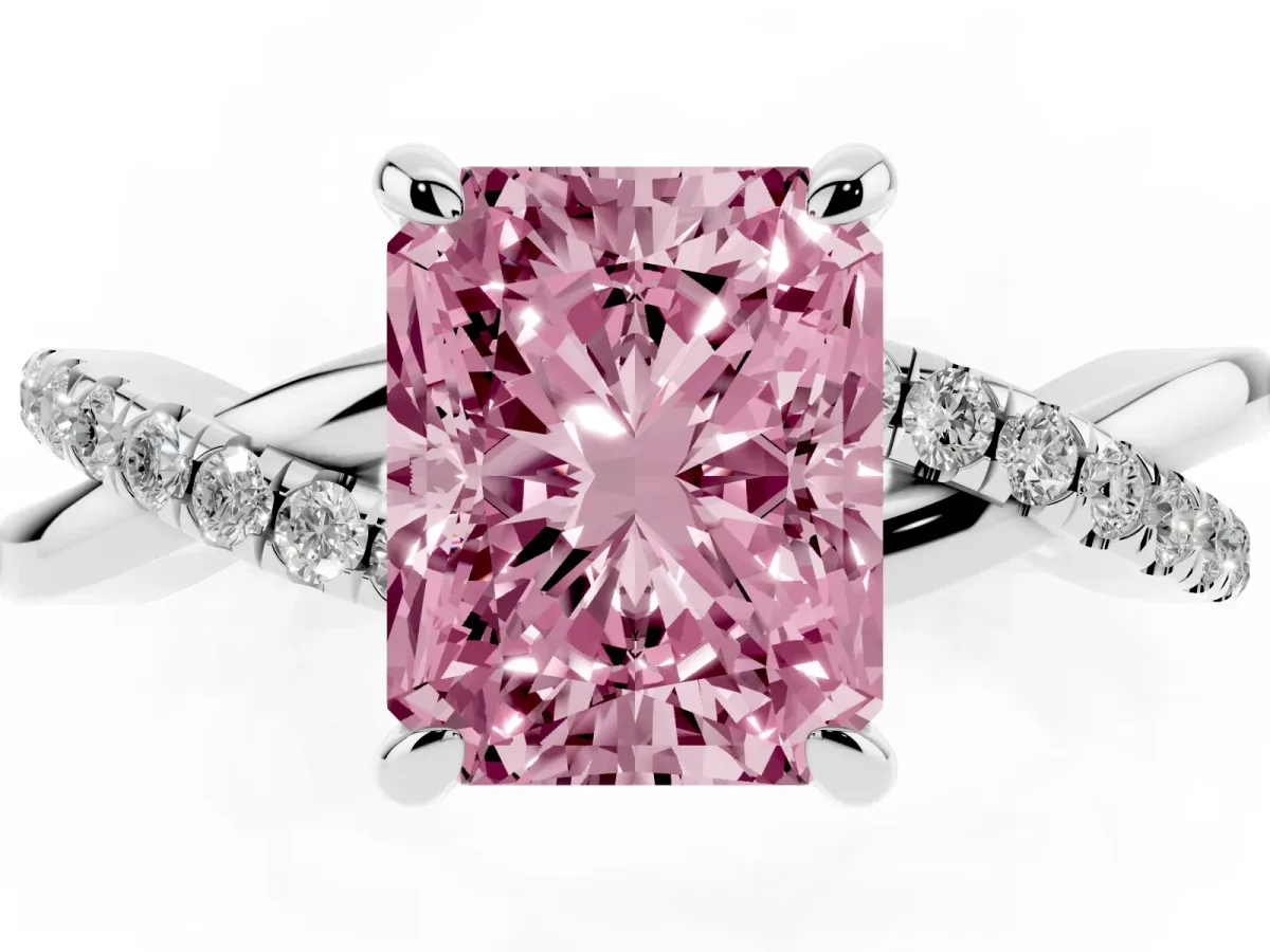 Fancy Pink Radiant Cut Cut Diamond Twist Band Solitaire with Prong Setting Silver