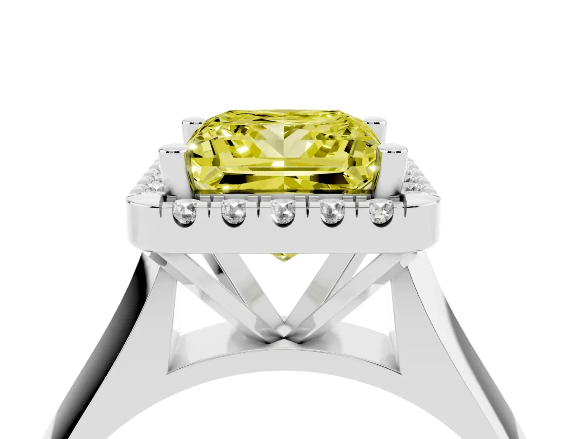 Fancy Yellow Princess Cut Cut Halo Solitaire Engagement Ring with Square Band and Four-Prong Setting Silver