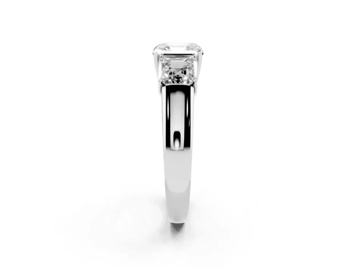 Three-Stone Asscher Cut Cut Diamond Ring with Prong Setting and Classic Band Silver