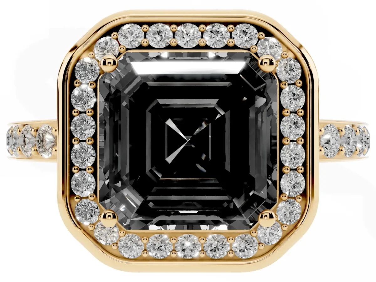 Fancy Black Asscher Cut Diamond Halo Ring with Bezel Frame and Pavé Band Yellow gold