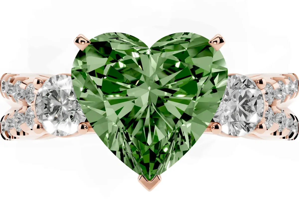 Fancy Green Heart Cut Diamond Three-Stone Ring with Pavé Split Shank and Four-Prong Setting Rose gold