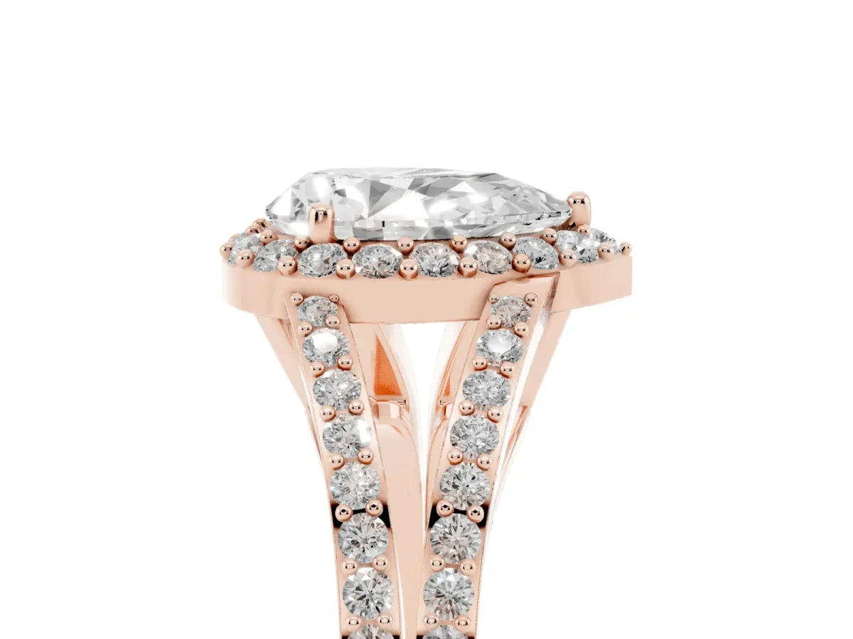 Pear Cut Halo Split Shank Diamond Ring with Prong Setting Rose gold